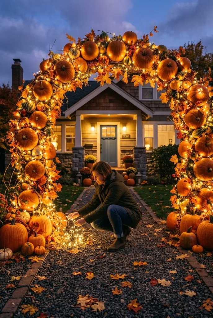 Pumpkin Arch With Warm String Lights