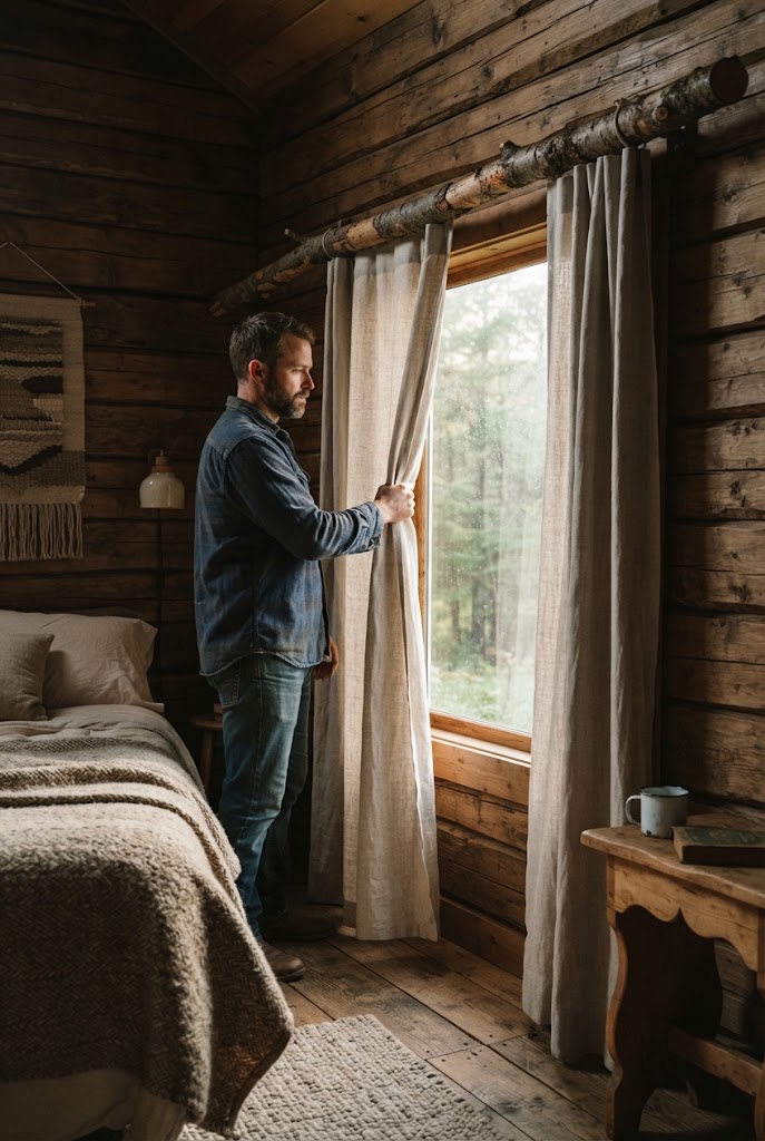 12. Thick Wooden Branch With Linen Curtains