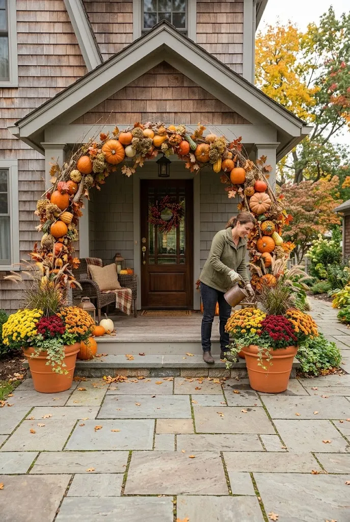  Pumpkin Arch With Mums and Planters