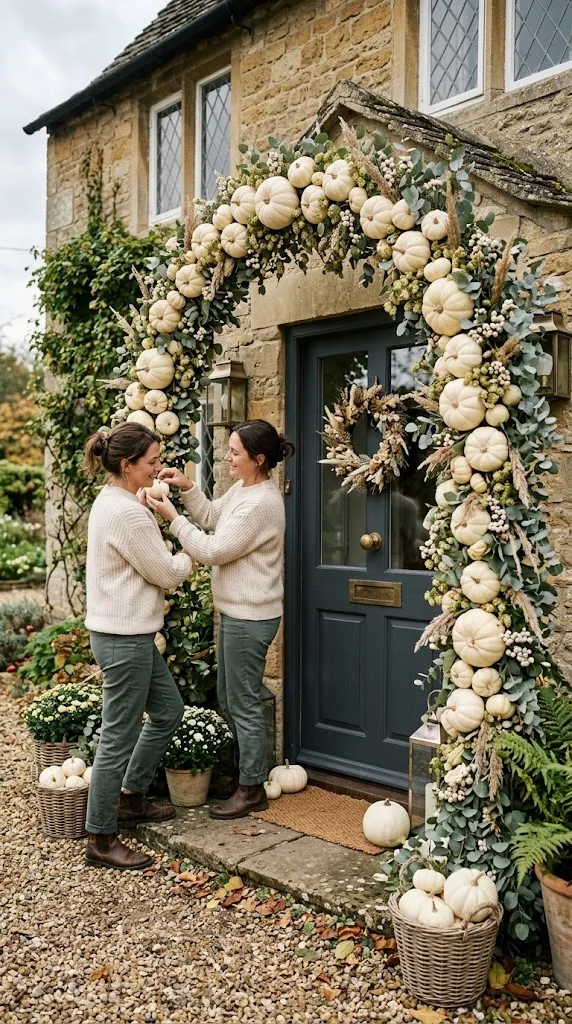 White Pumpkin Archway With Neutral Fall Decor