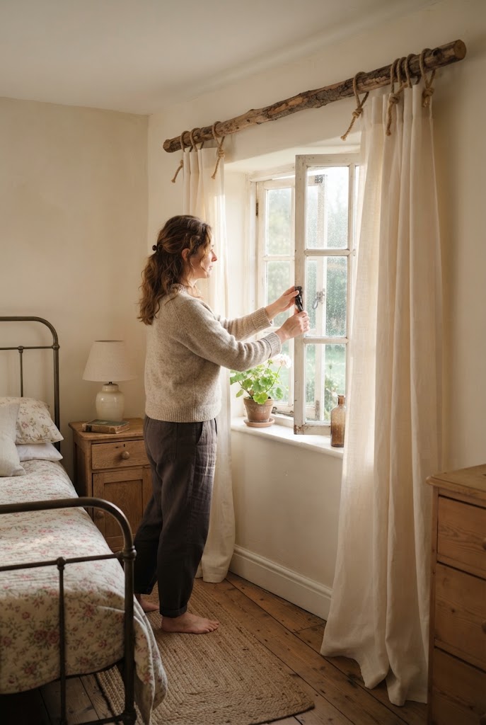 27. Wooden Rod With Rope-Tied Curtains