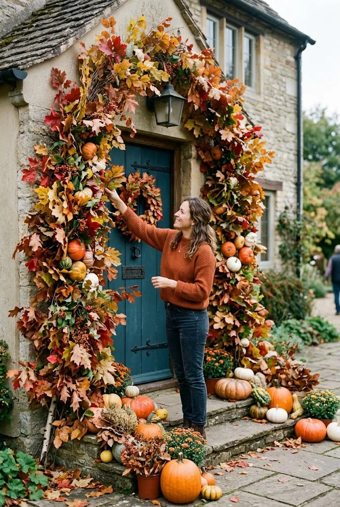 Pumpkin Arch With Cascading Autumn Leaves