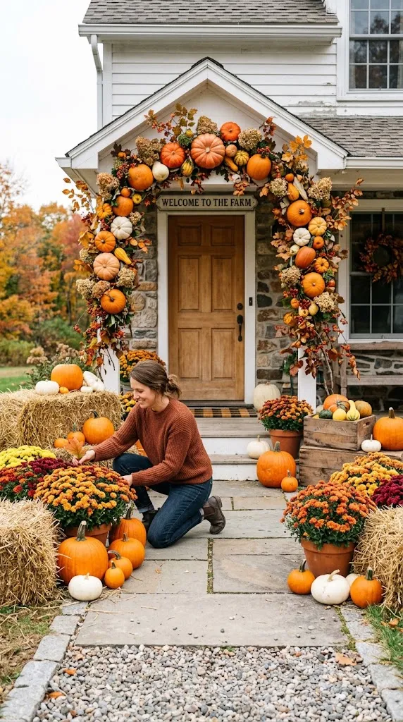 Farmhouse Pumpkin Arch With Hay Bales